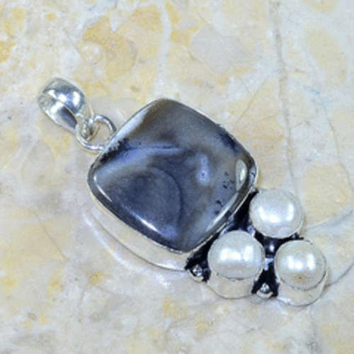TOP CLASS DENDRITIC OPAL & RIVER PEARL NATURAL GEMSTONE 925 SILVER PENDANT 2.5"